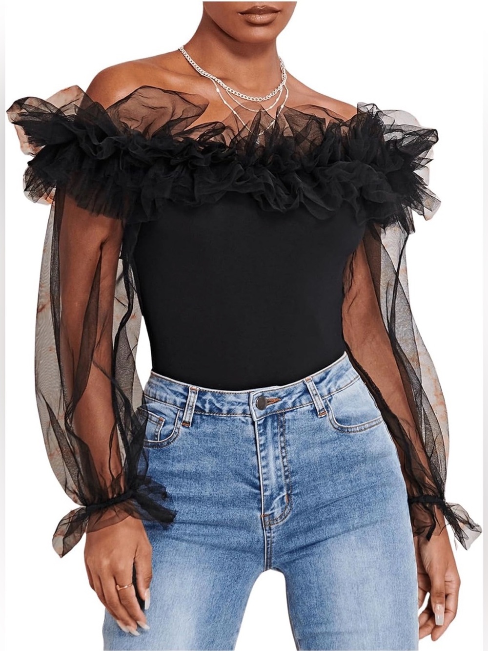 Women's Ruffle Off Shoulder Blouse Mesh Puff Sleeve Party Tops